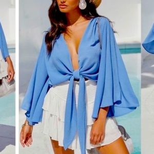NWOT - VICI (S) Denim Blue Crop Top- Angel Dust Bell Sleeve